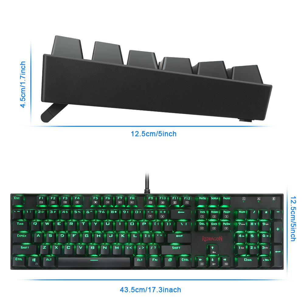 Redragon mechanical keyboard with green LED backlighting, black color, 17.3-inch size, ergonomic design.