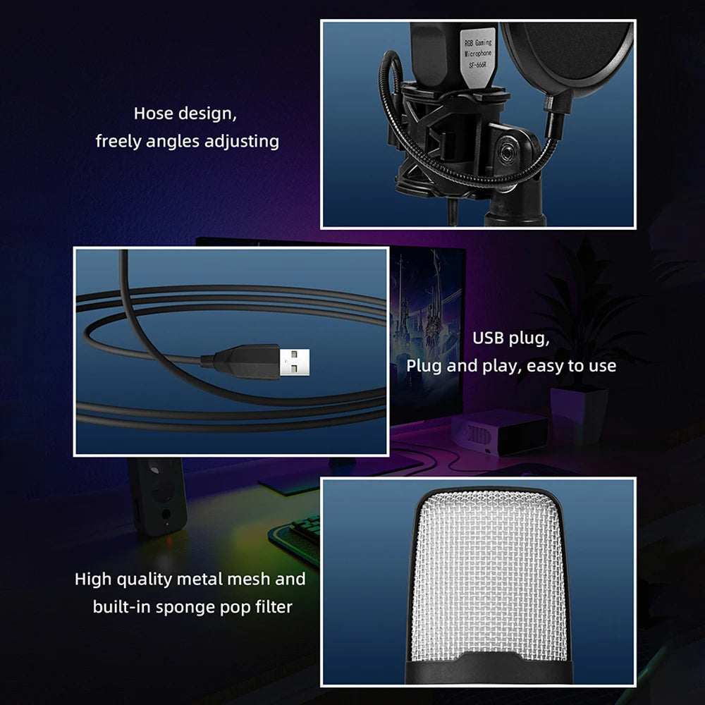 RGB USB Condenser Microphone With Shock Mount For Gaming And Streaming