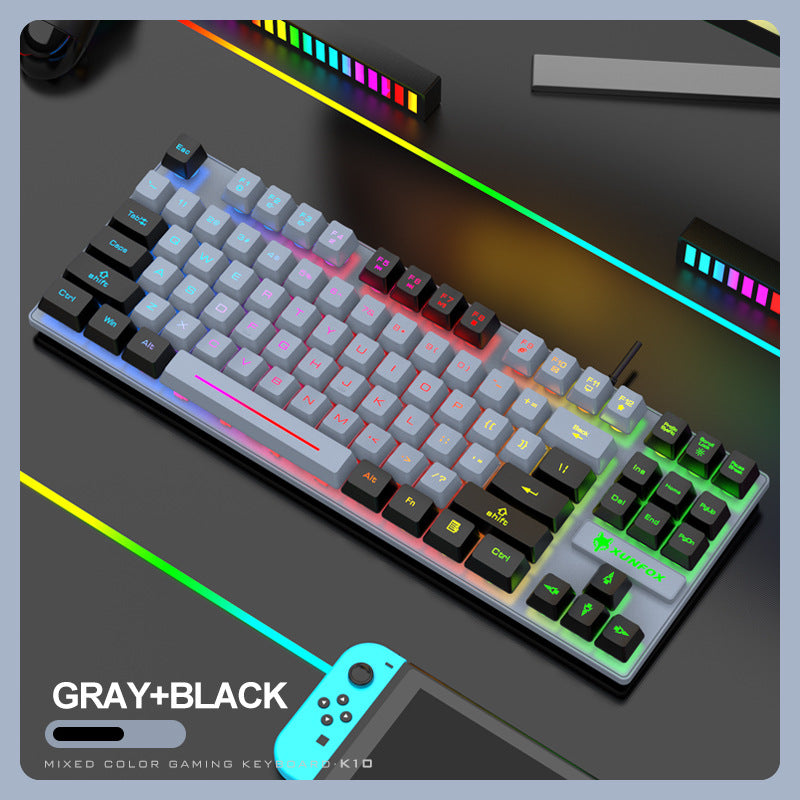 Gray and black mixed color gaming keyboard with RGB lighting, model K10.