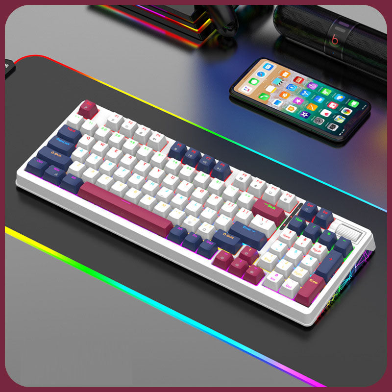 Mechanical gaming keyboard in white, featuring multi-colored keycaps and RGB lighting, perfect for gamers.