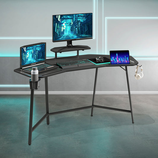 Gaming Desk with Shelf & Accessory Holders, Black