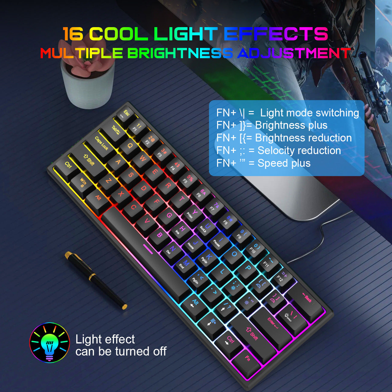 Wired Mechanical Keyboard with Blue Switch - 61 Keys