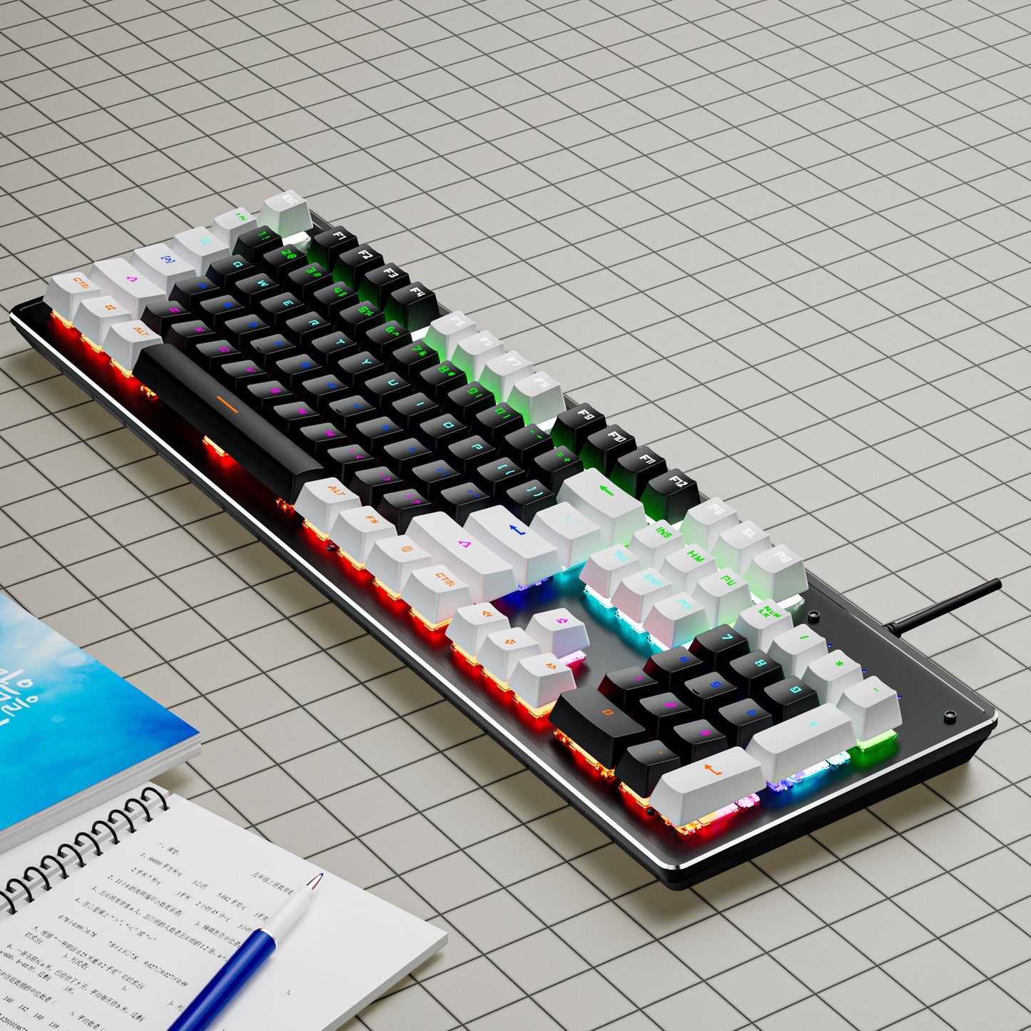 Mechanical gaming keyboard with RGB lighting, black and white keys, and a sleek design.