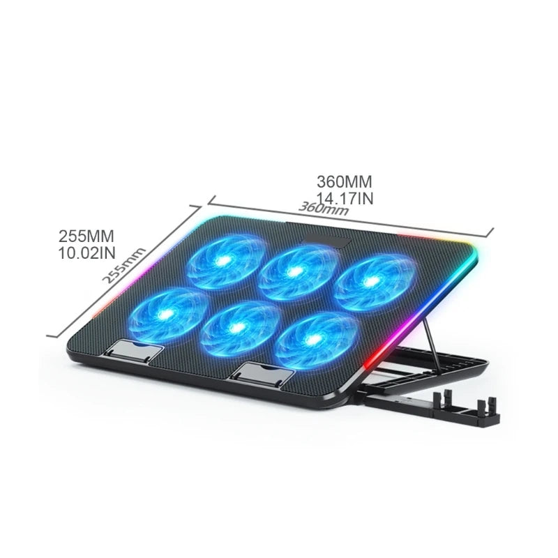 Laptop Cooling Pad with 6 LED Fan - 2 USB Ports - Phone Holder