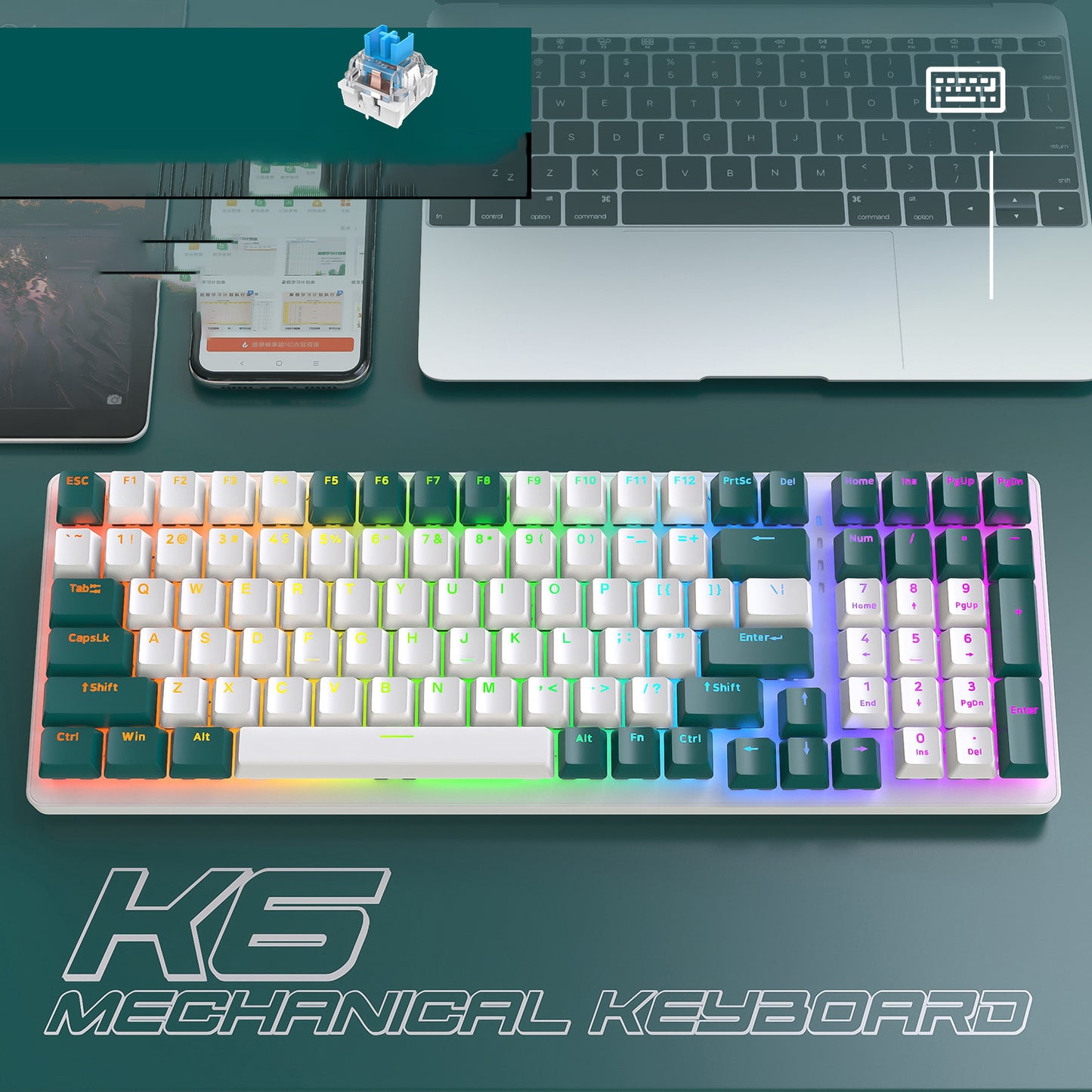 K6 mechanical keyboard with RGB backlighting, modern design, and durable key switches in white and teal.