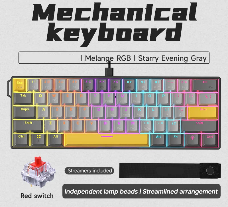 Mechanical keyboard with RGB lighting on a gray background.