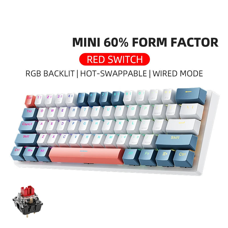 Mini 60 Percent Mechanical Keyboard 61 Keys Hot Swappable RGB Backlit USB C