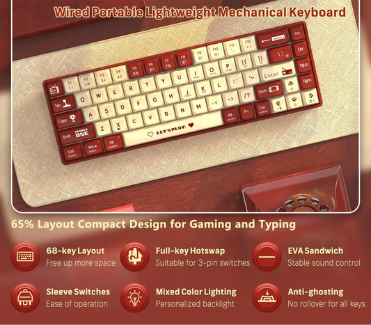 65% Wired Mechanical Gaming Keyboard With Hot Swappable RGB Backlit