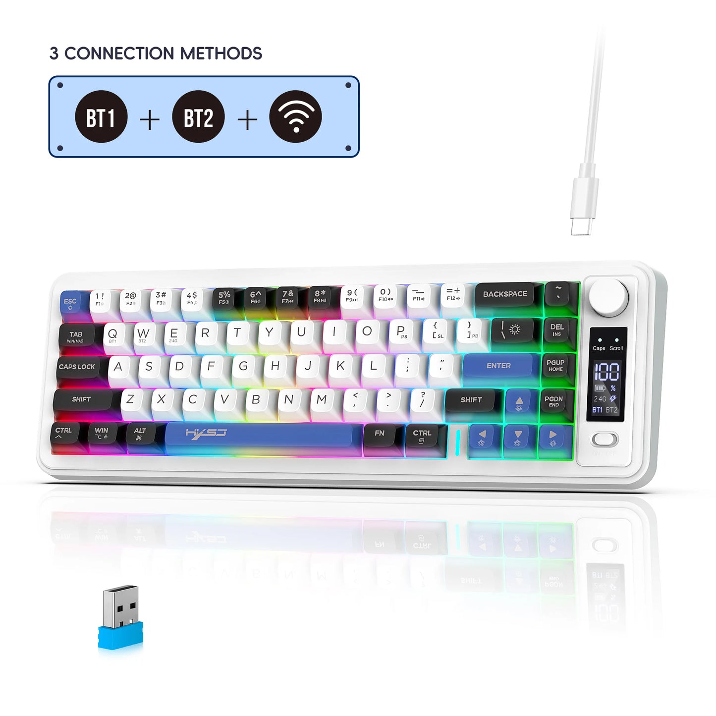 Wireless RGB mechanical keyboard, white with colorful keys, supports Bluetooth and USB connections.