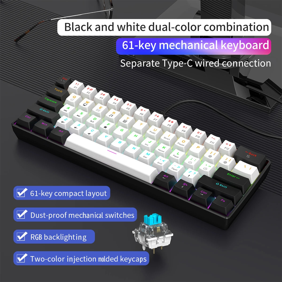 60% Wired Gaming Mechanical Keyboard - RGB Backlit Mini Layout