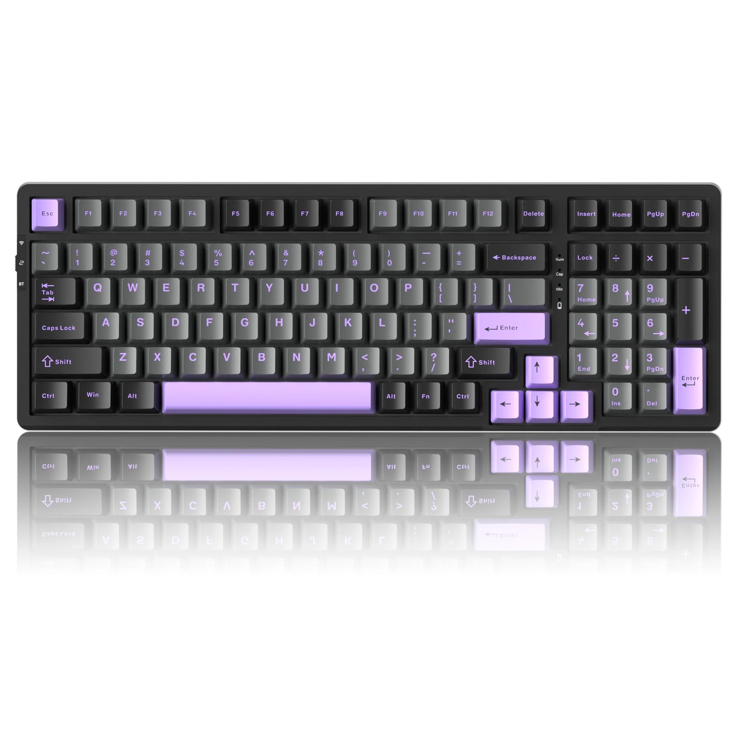 Black mechanical keyboard with purple backlit keys and compact design, perfect for gamers and typists.