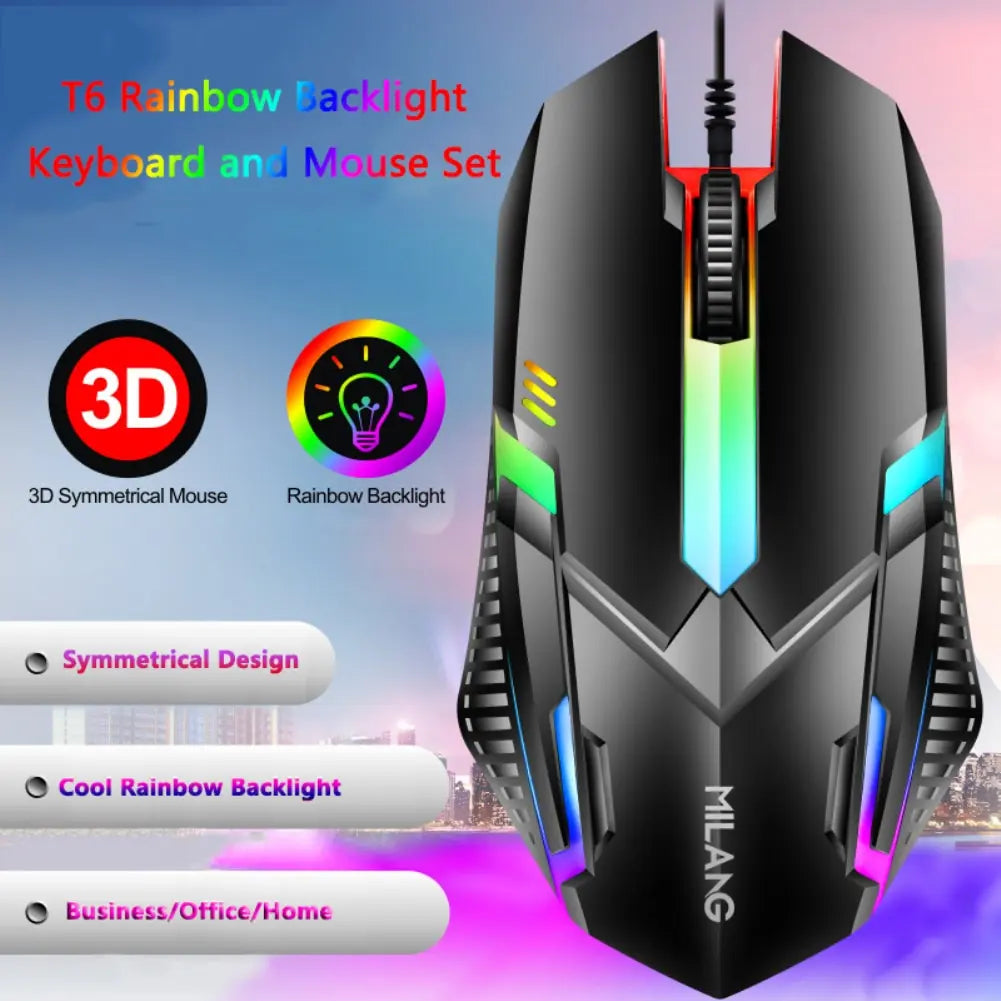 T6 Rainbow Backlight Keyboard and Mouse Set - 3D symmetrical design, vibrant colors, ideal for gaming or office use.