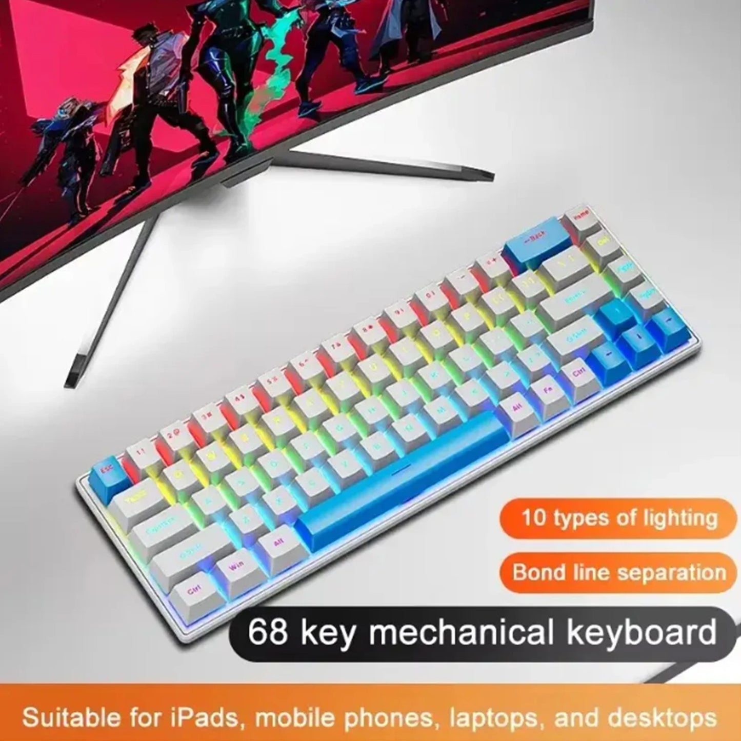 65% Mechanical Keyboard With RGB Backlighting Compact 68 Keys Wired