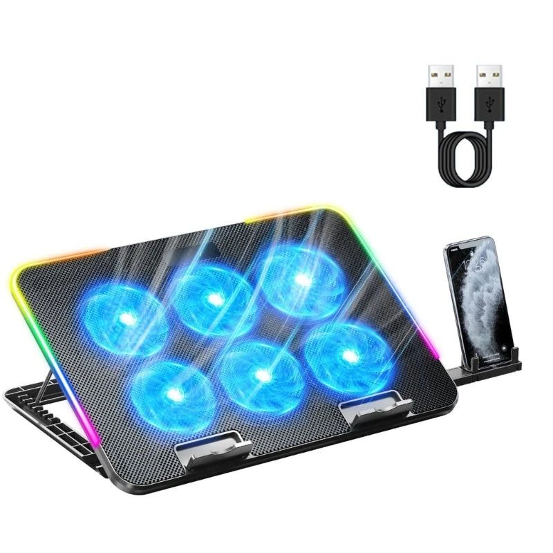 Laptop Cooling Pad with 6 LED Fan - 2 USB Ports - Phone Holder