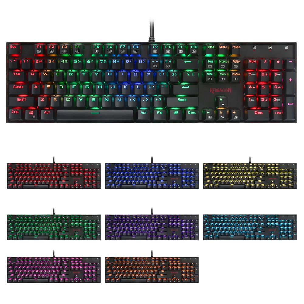 Redragon mechanical RGB gaming keyboard with customizable colors and sleek black design.