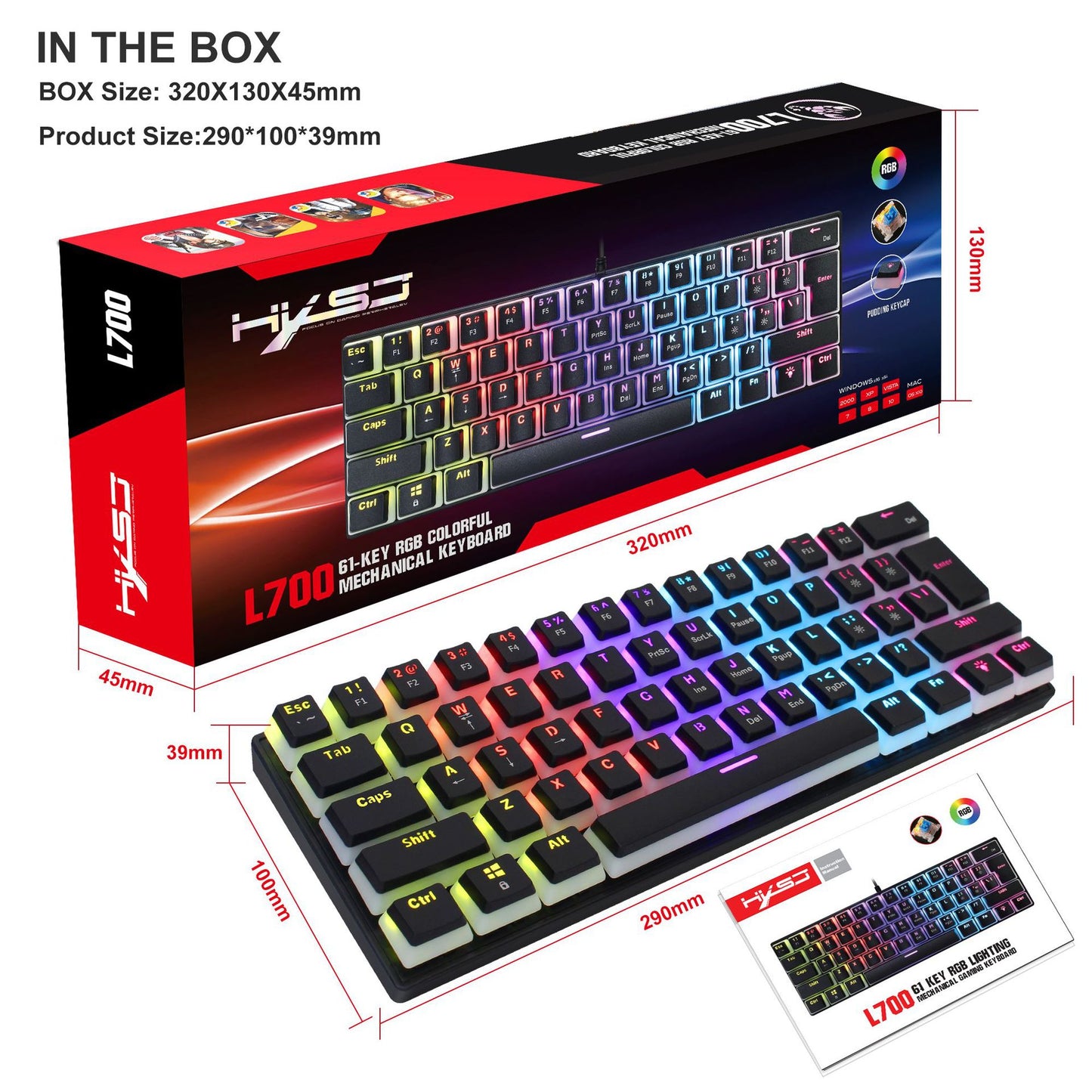 61-Key Wired Mechanical Keyboard with Blue Switches and Color Backlit Pudding Keycap Design