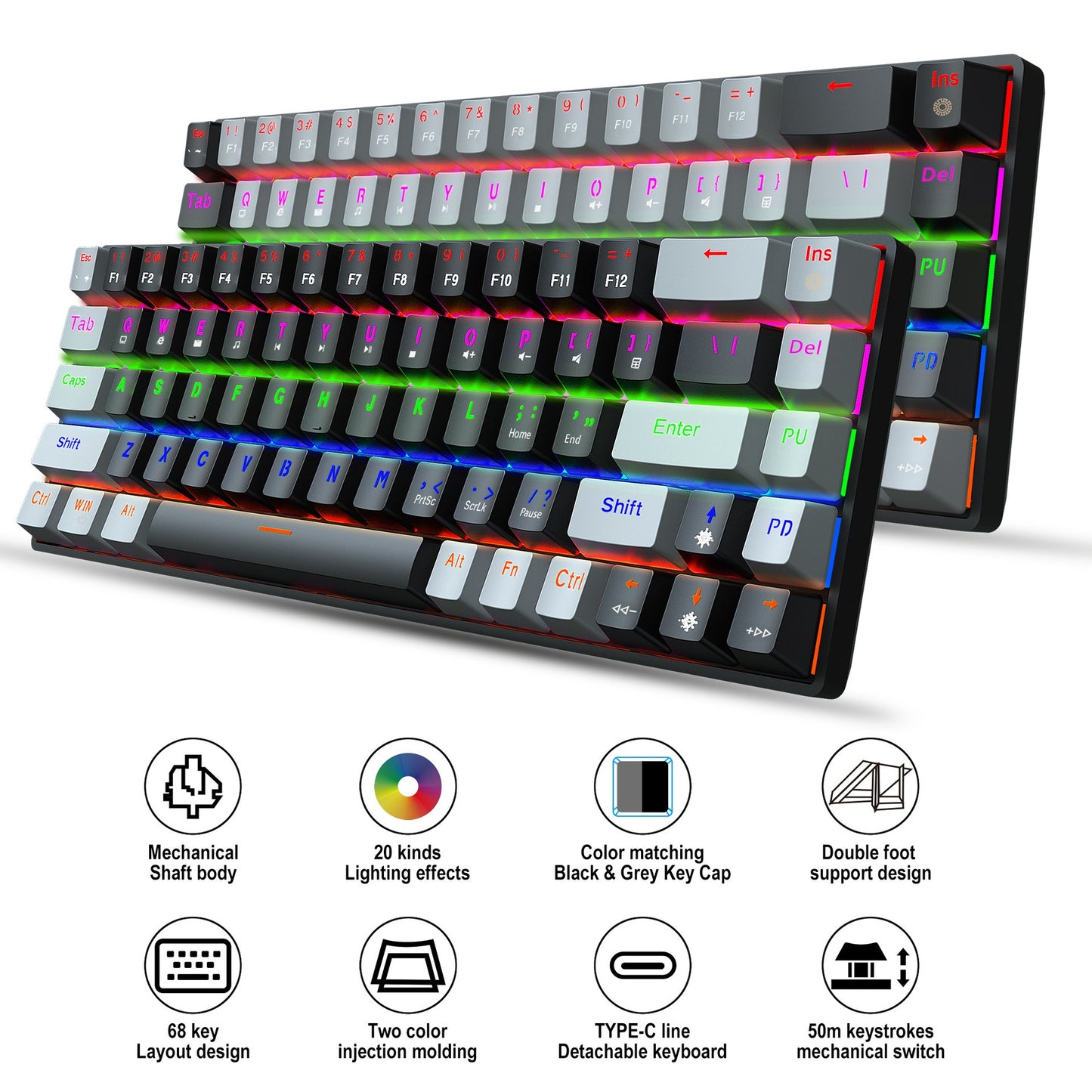 68 Key RGB Rainbow Backlit Mechanical Keyboard with Blue and Red Axis - 60%