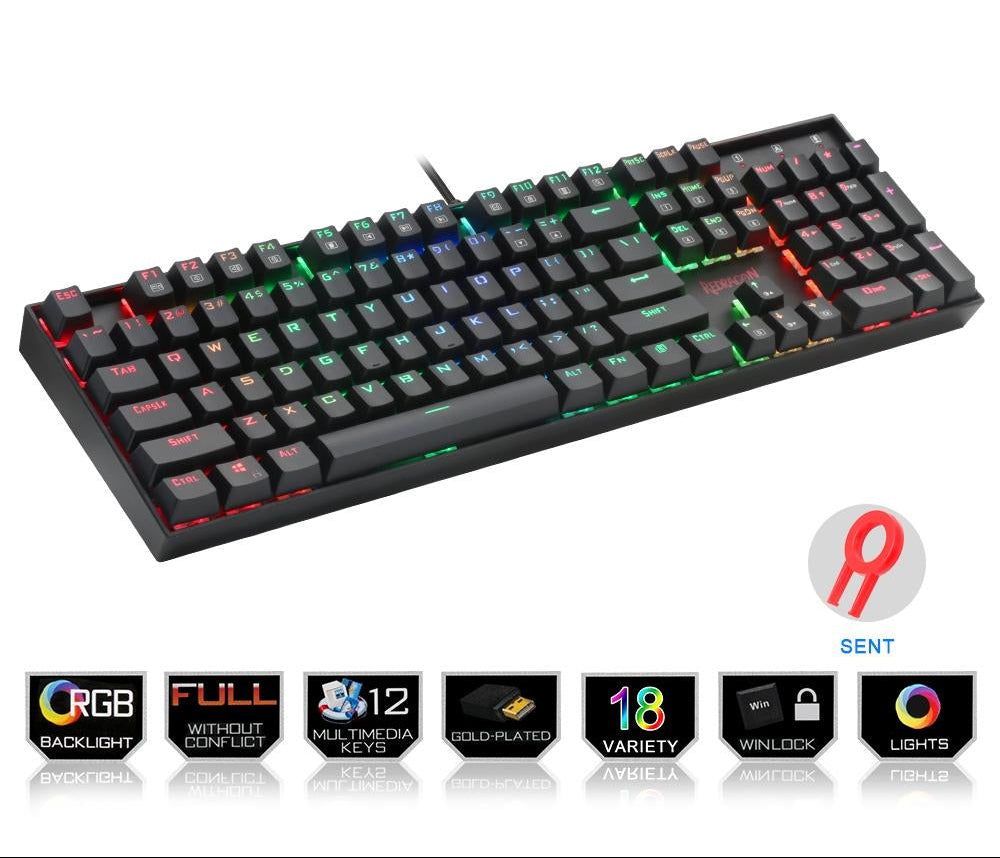 RGB backlit mechanical gaming keyboard with multimedia keys, gold-plated connector, and 18 lighting modes.