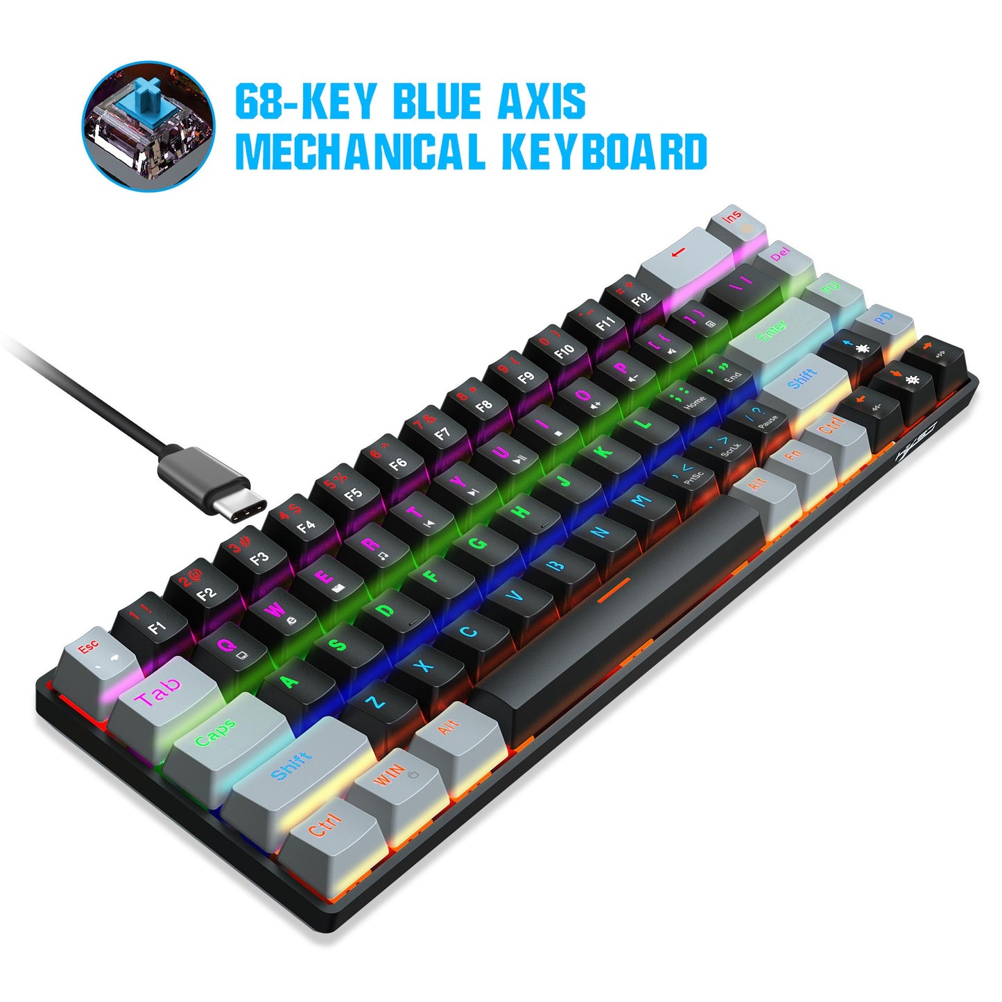 68 Key RGB Rainbow Backlit Mechanical Keyboard with Blue and Red Axis - 60%