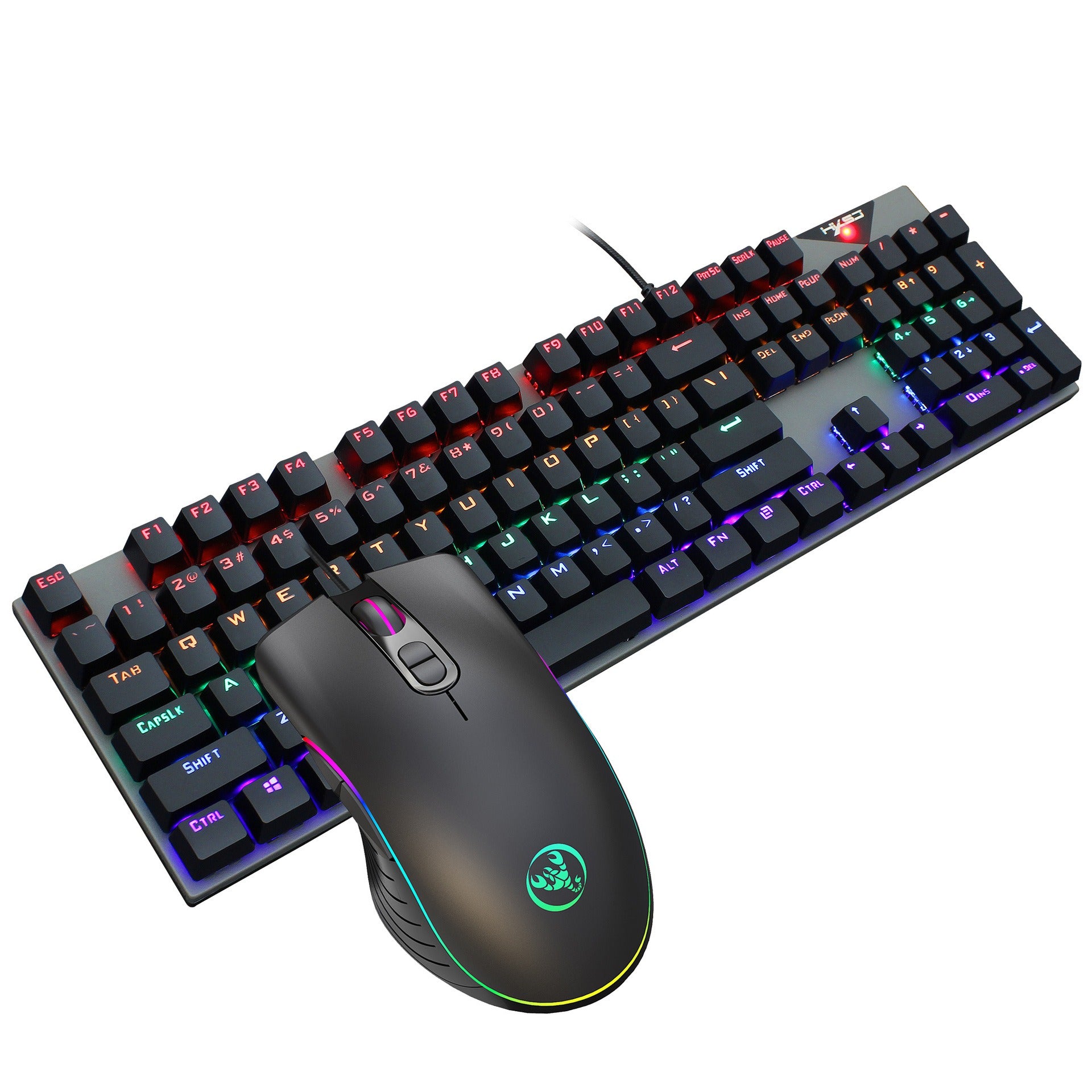RGB mechanical gaming keyboard and mouse combo, black with colorful backlighting, ideal for gamers.
