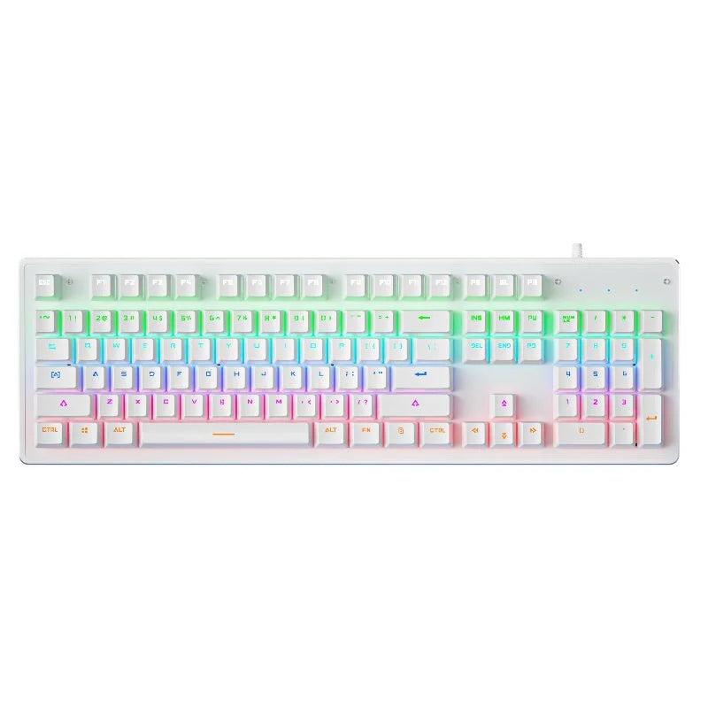 RGB mechanical keyboard in white with customizable backlighting and sleek design for gaming and typing.