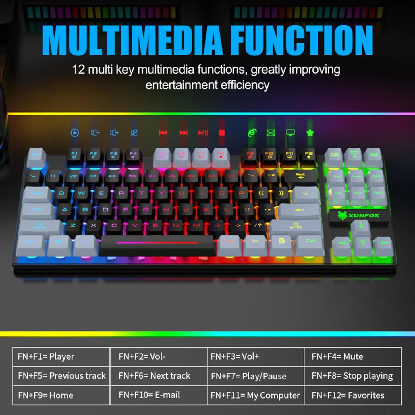 XUNFOX mechanical keyboard with RGB lighting and 12 multimedia functions for enhanced gaming and entertainment.
