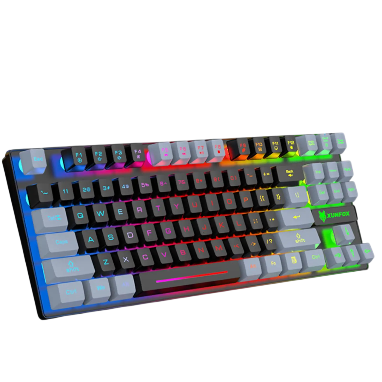 XUNFOX RGB gaming keyboard with customizable backlight, black and gray keycaps, compact design.