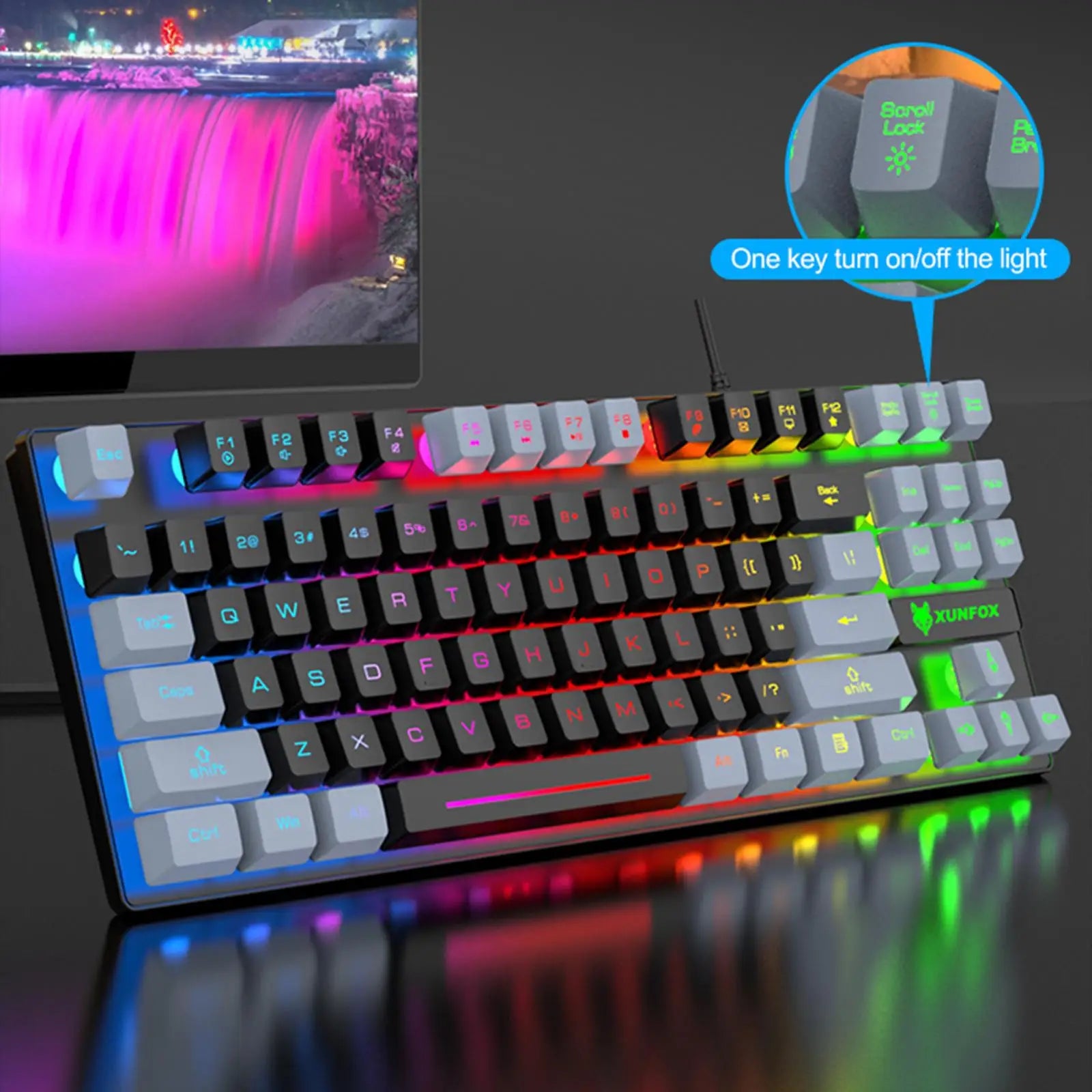 XUNFOX RGB gaming keyboard, compact design with customizable lighting, black and gray color scheme.