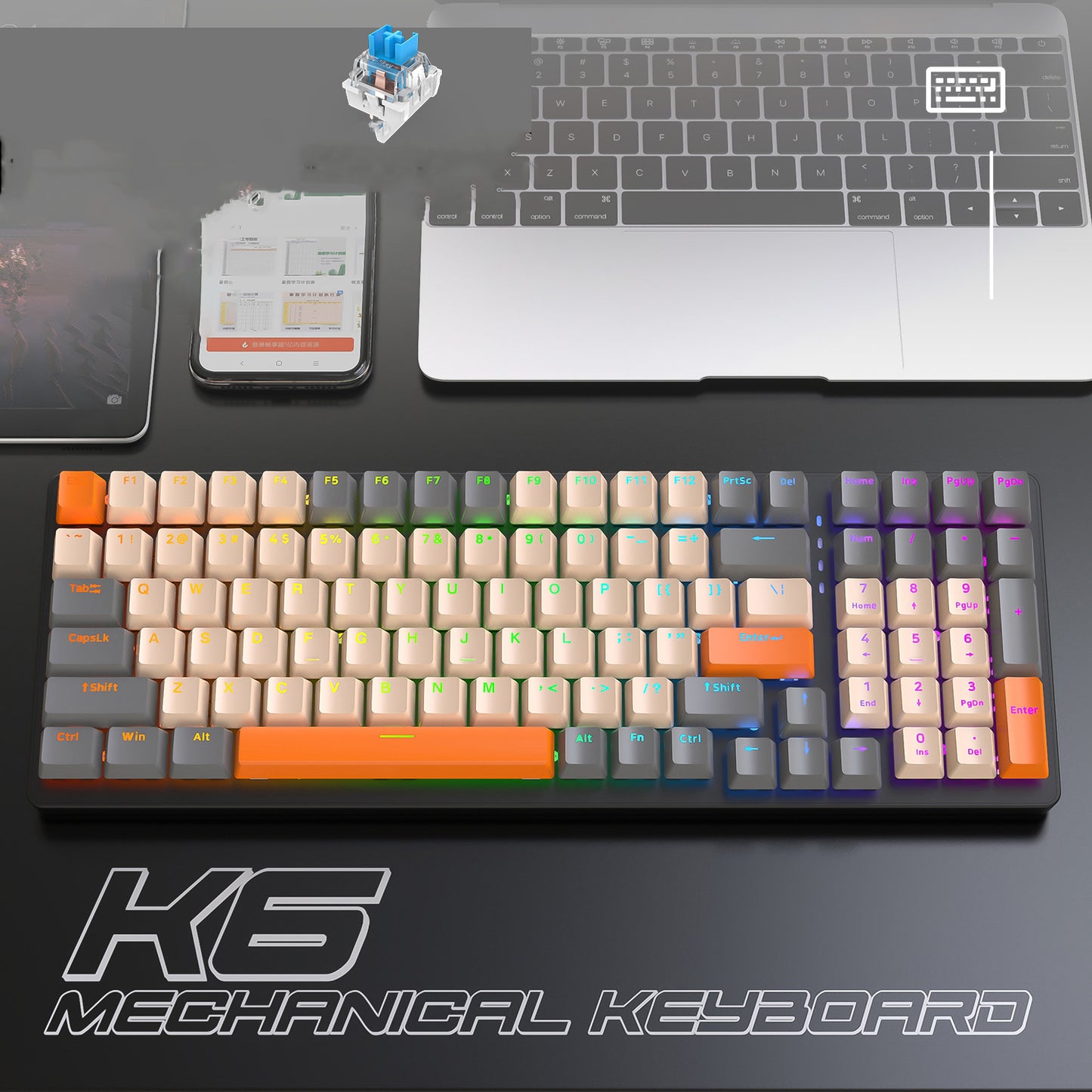 K6 mechanical keyboard with customizable RGB backlit keys in beige and orange color scheme.