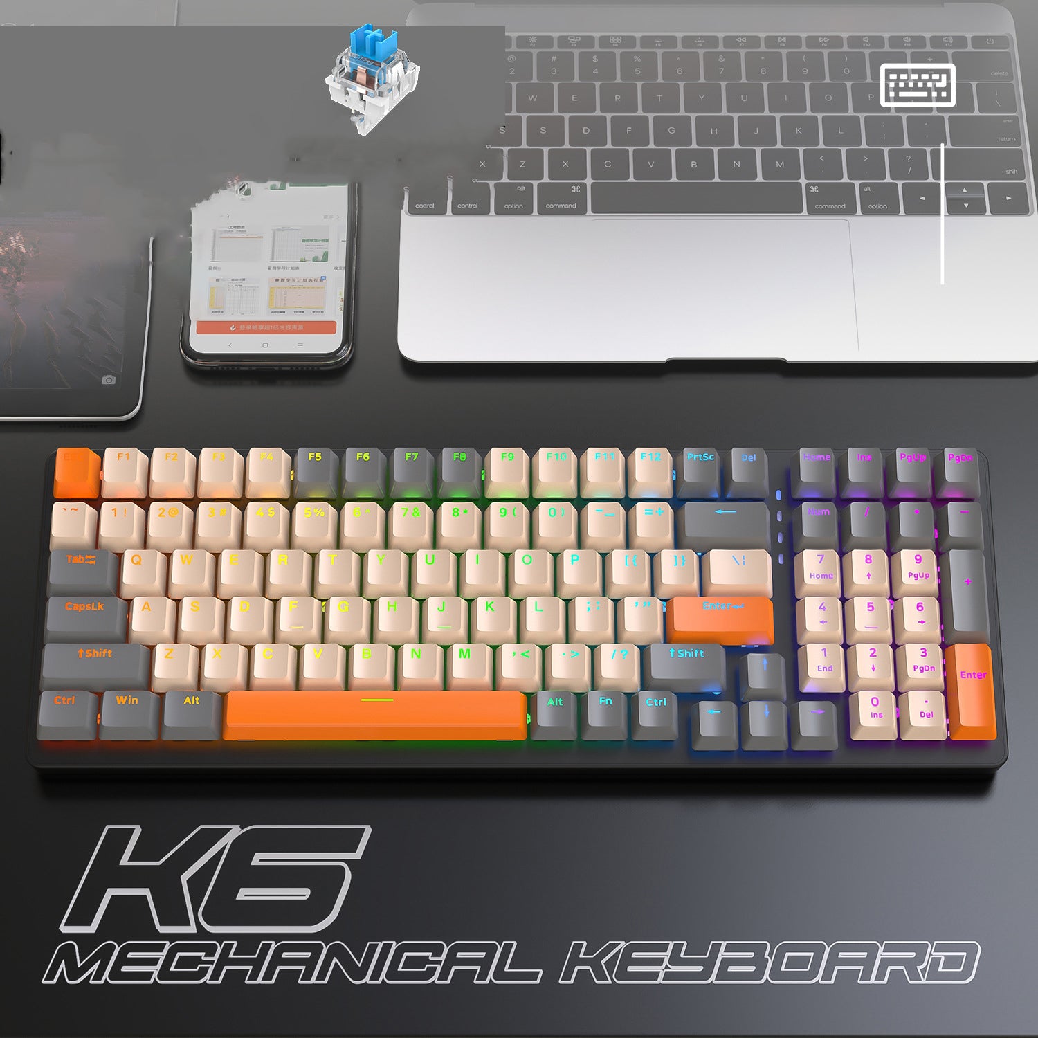 K6 mechanical keyboard with customizable RGB backlit keys in beige and orange color scheme.