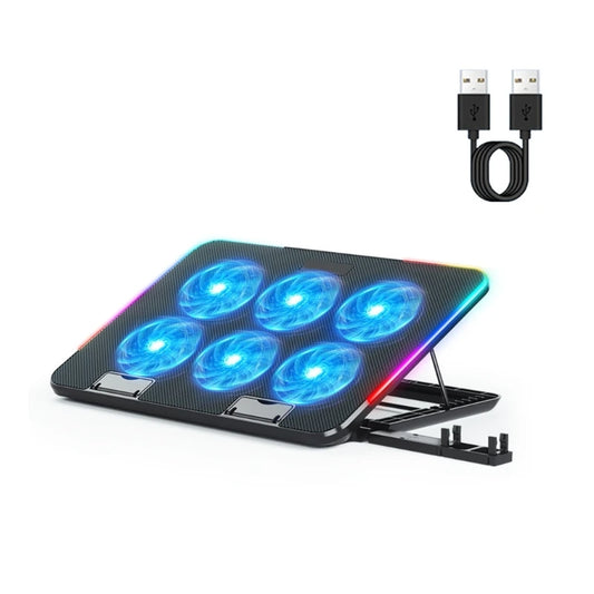 Laptop Cooling Pad with 6 LED Fan - 2 USB Ports - Phone Holder