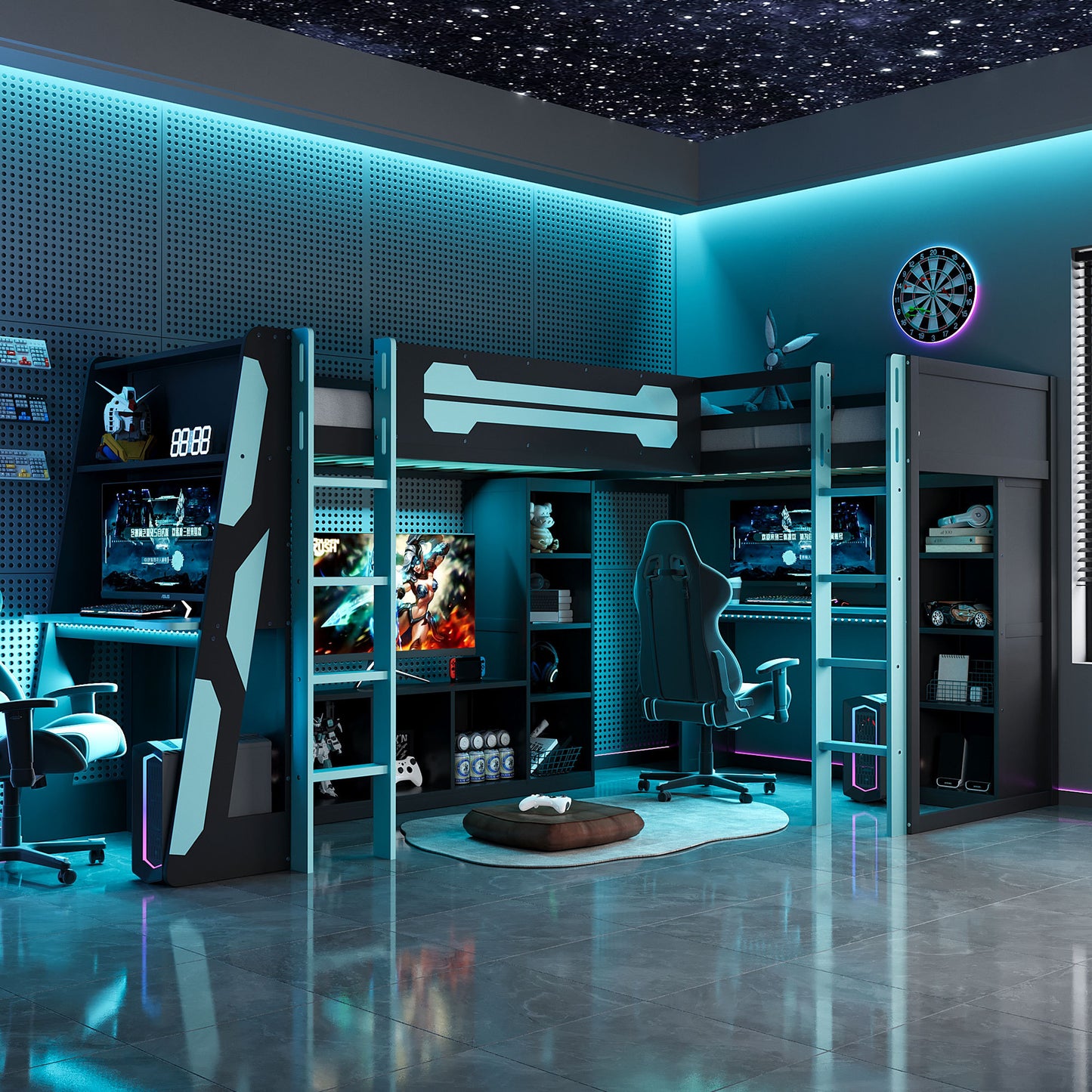 L Shaped Twin Size Gaming Bed Frame With RGB LED Lights And USB Ports Blue