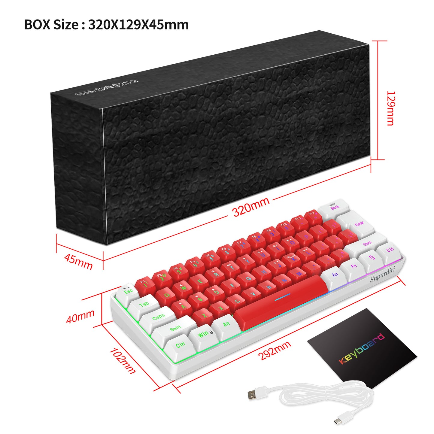 Compact mechanical gaming keyboard with red and white keys, USB connection, stylish design.