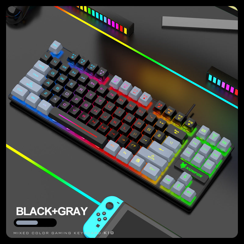KUNFOX K10 Mixed Color Gaming Keyboard in black and gray with RGB backlight features.