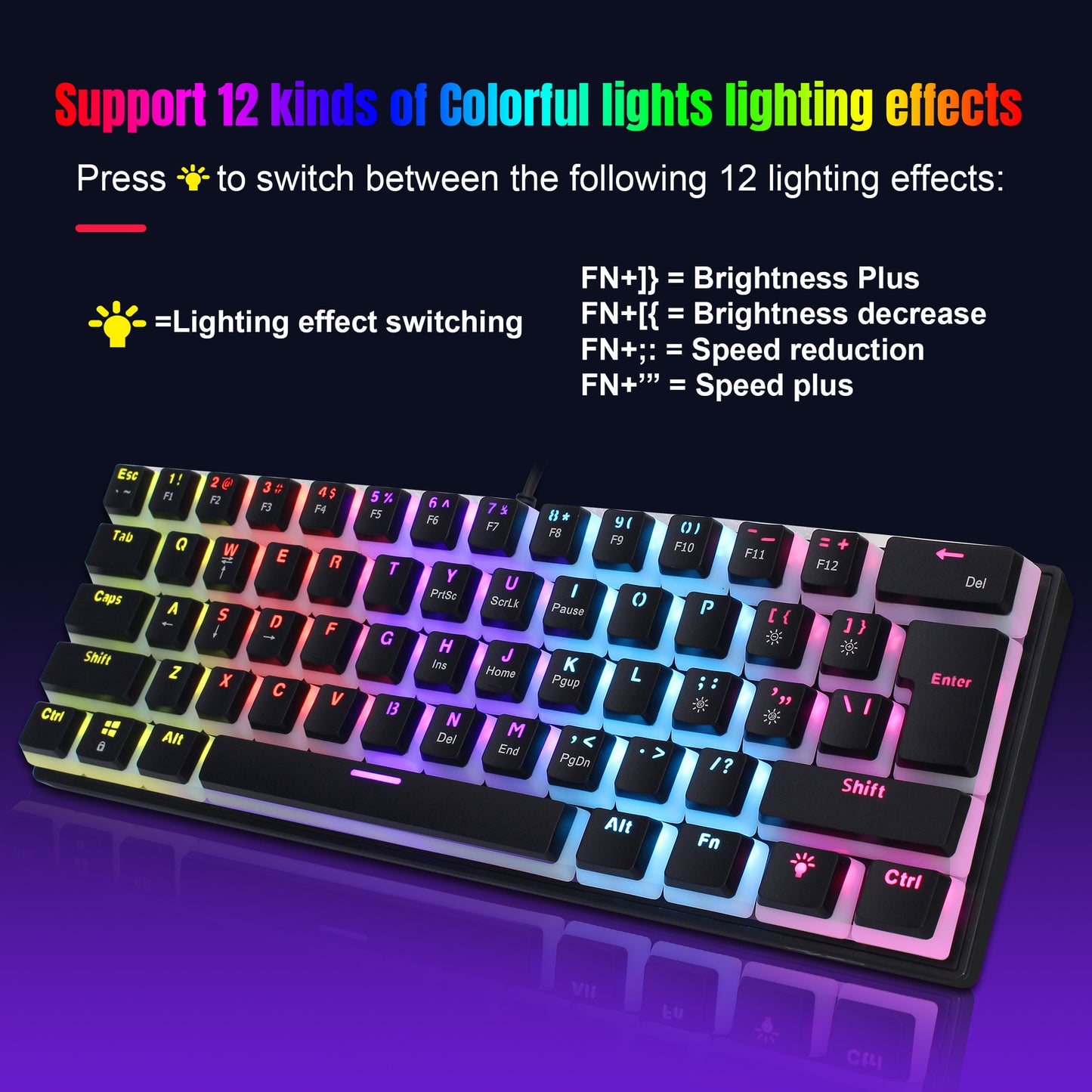 61-Key Wired Mechanical Keyboard with Blue Switches and Color Backlit Pudding Keycap Design