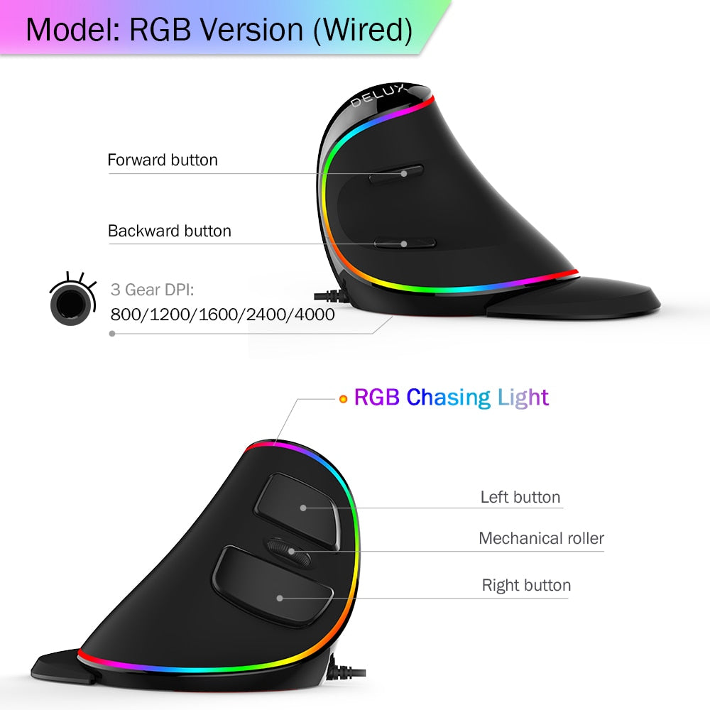 Ergonomic Vertical Gaming Mouse - 4000 DPI RGB
