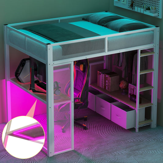 Full Size Metal Gaming Loft Bed With Desk Led Closet And 3 Storage Drawers White