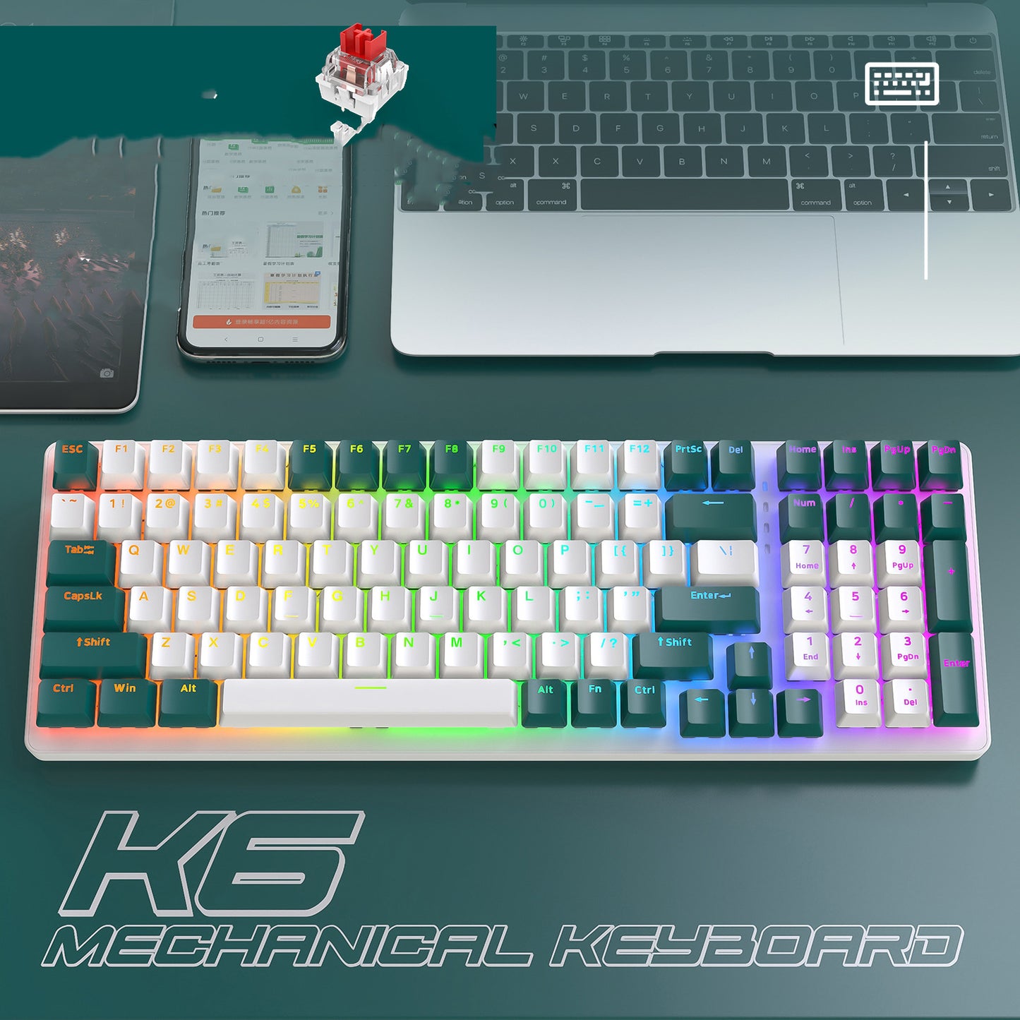 K6 mechanical keyboard with RGB backlighting, white and green keycaps, and ergonomic design.