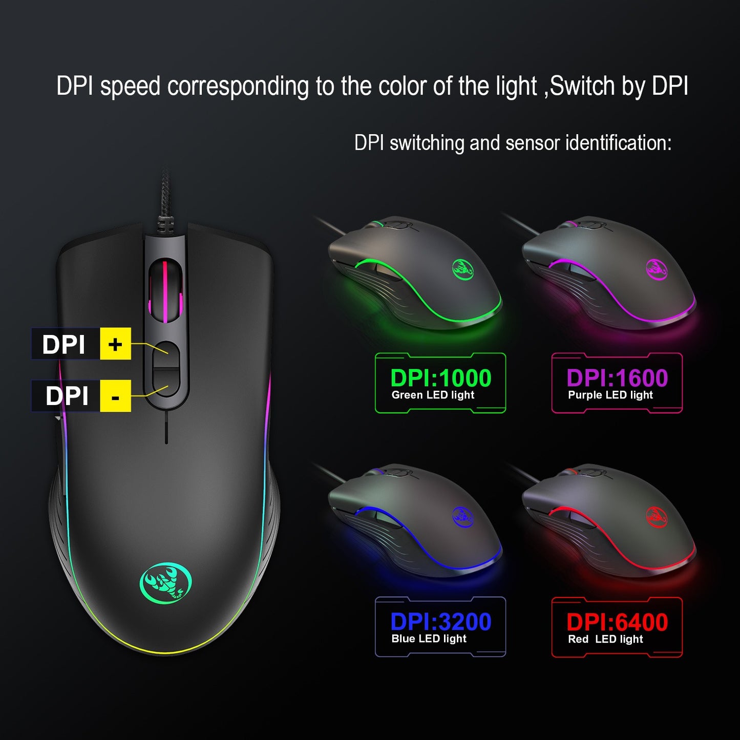 Gaming mouse with adjustable DPI settings, RGB LED lights, ergonomic design in black.