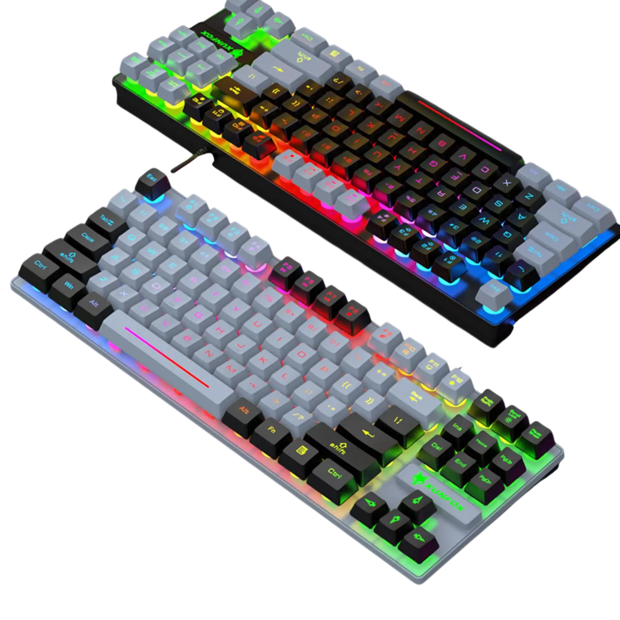 Dual RGB mechanical gaming keyboards in black and gray, featuring customizable backlighting and compact design.