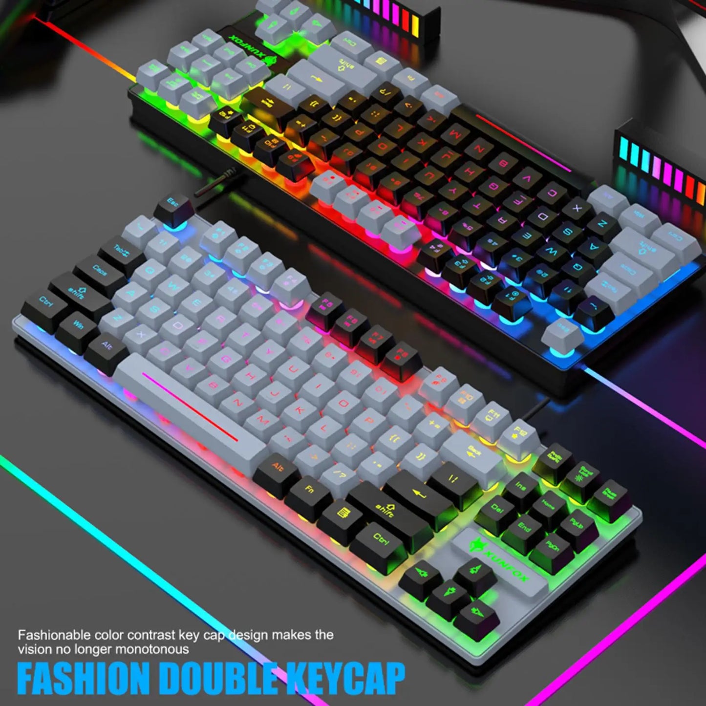 Fashion double keycap gaming keyboard in black and gray with vibrant RGB lighting, ideal for gamers.