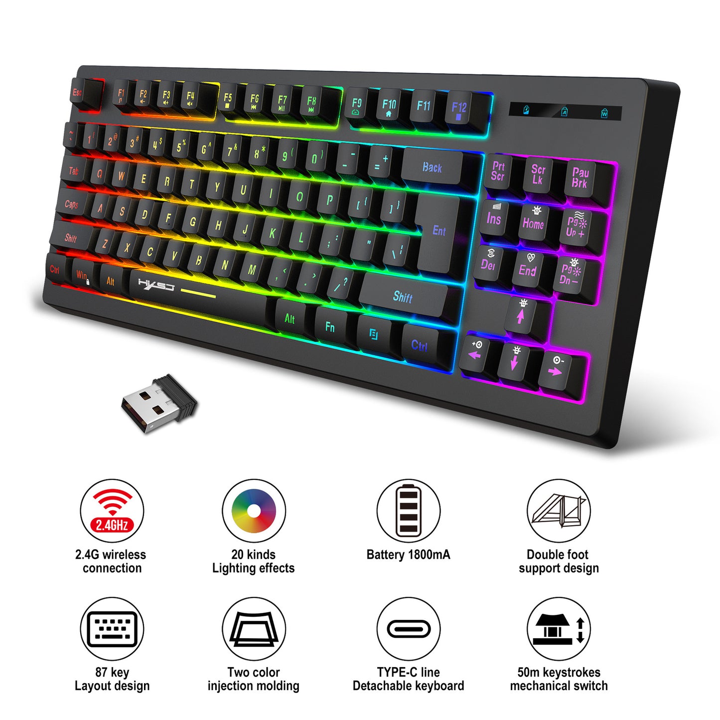 87-Key Wireless 2.4G Film Keyboard RGB Backlit Wireless Keyboard