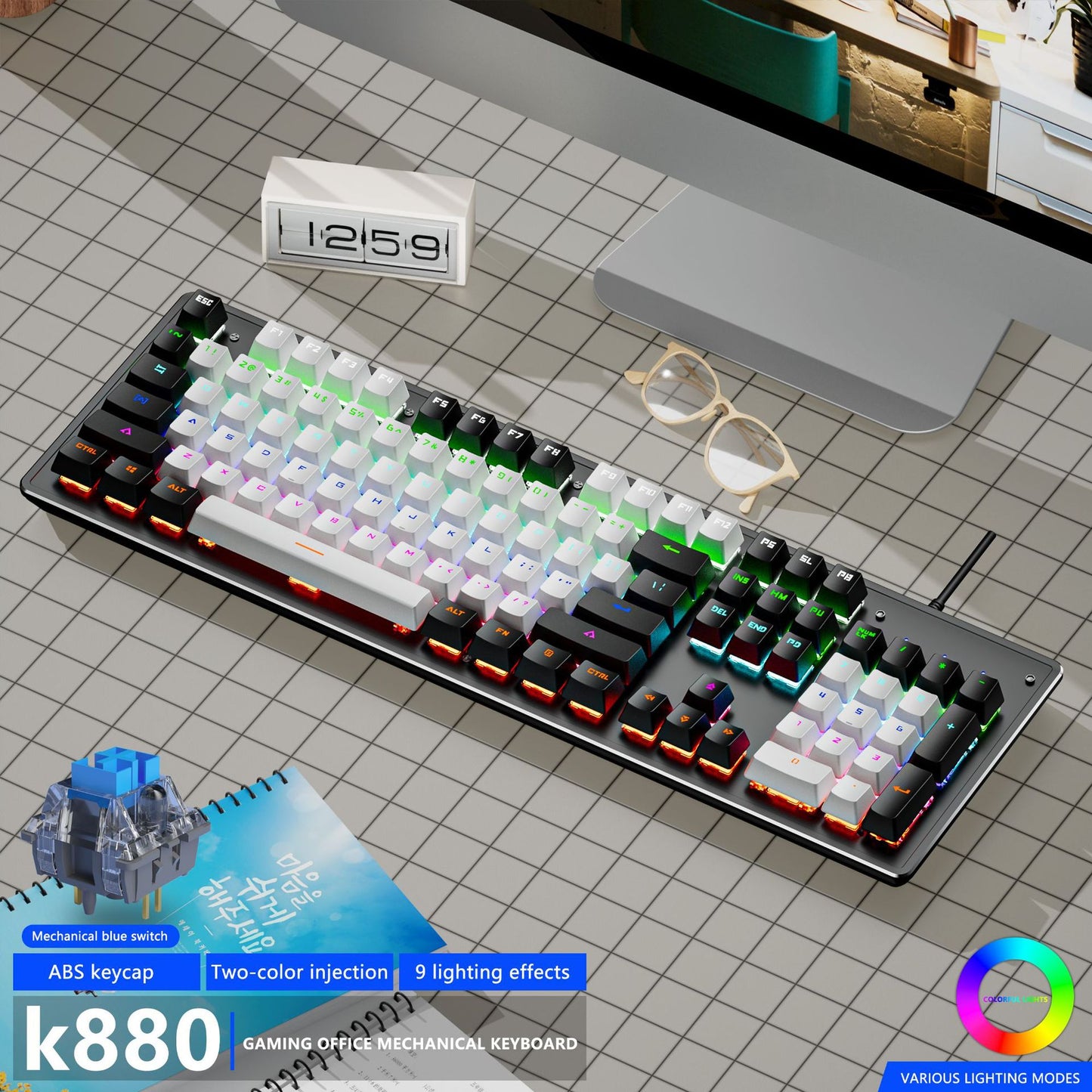 K880 gaming mechanical keyboard with ABS keycaps, blue switches, and 9 customizable lighting effects.
