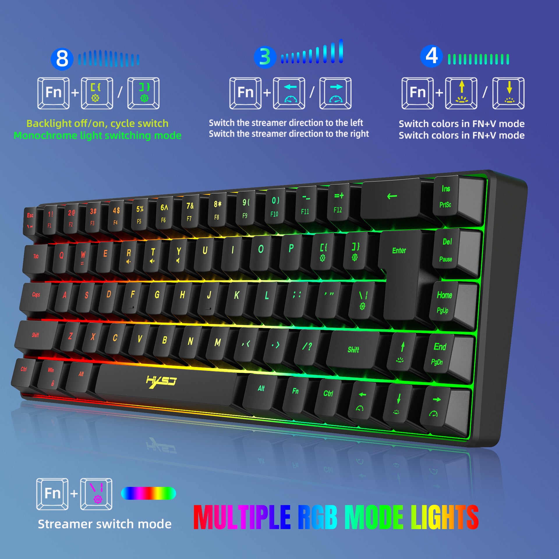 Compact mechanical keyboard with customizable RGB backlighting, black keys, and multiple lighting modes.
