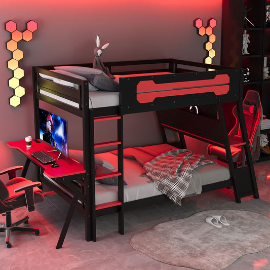 Full Size Gaming Bunk Bed Two Built In Desks USB Ports Pegboard Organizer Red