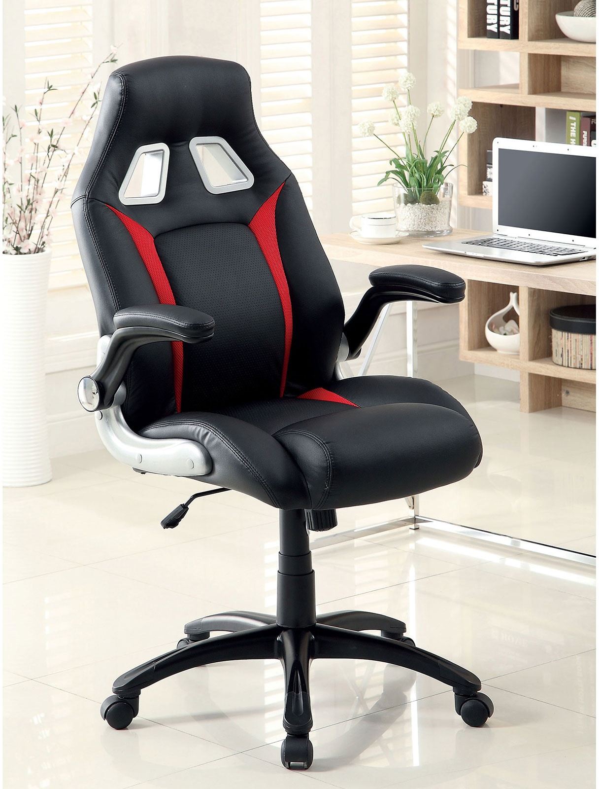 Stylish Adjustable Gaming Office Chair with Padded Armrests in Black and Red