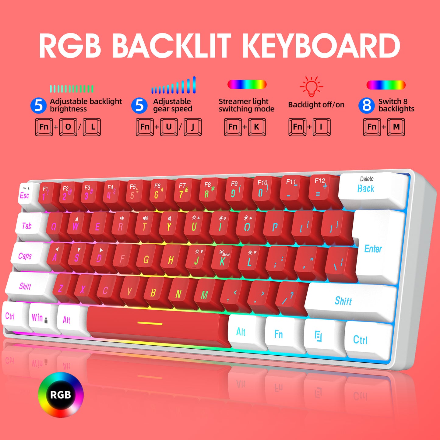 RGB backlit mechanical keyboard with red keys, adjustable brightness and speed, 8 light modes.