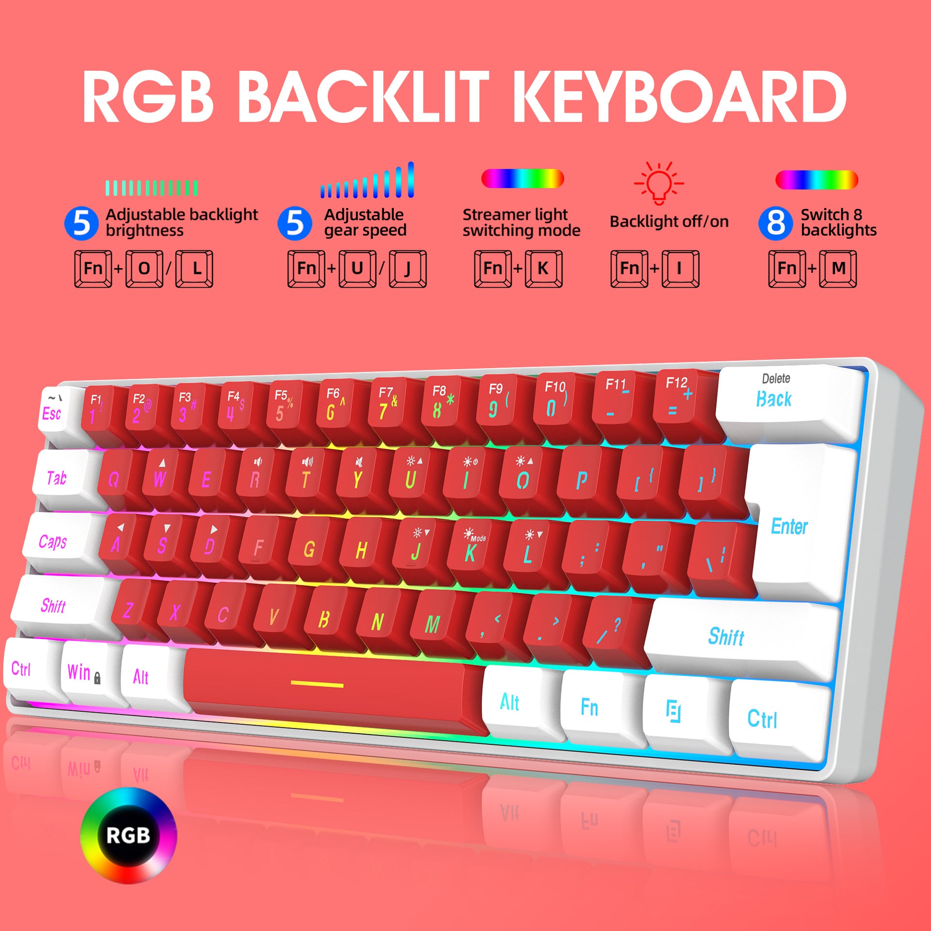RGB backlit mechanical keyboard with red keys, adjustable brightness and speed, 8 light modes.