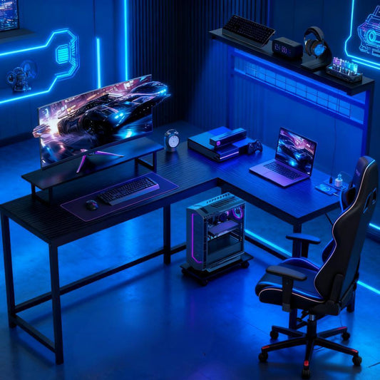 L Shaped Gaming Desk With Monitor Stand CPU Shelf Power Outlets LED Lights