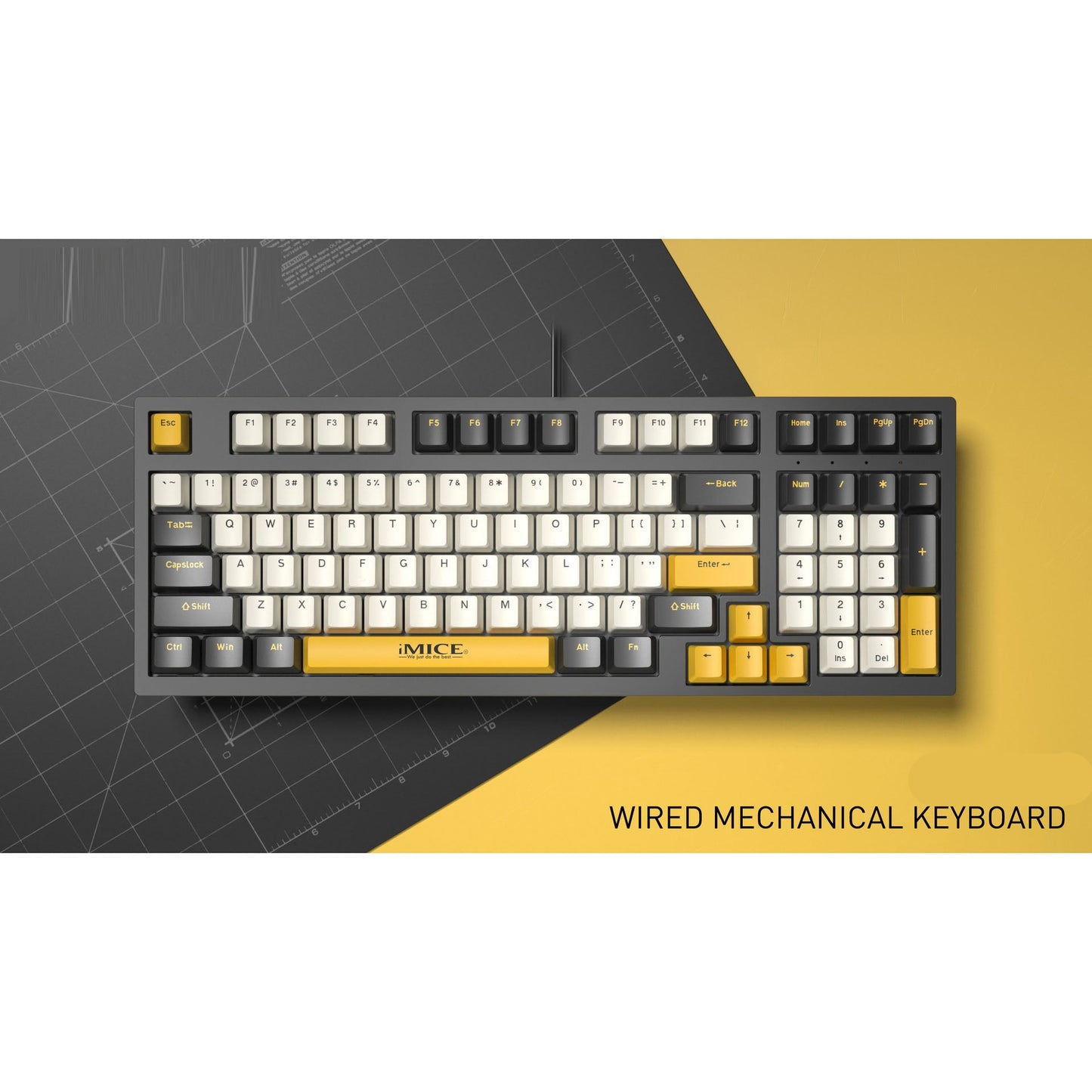 Wired mechanical keyboard in gray and yellow with customizable keys and ergonomic design.